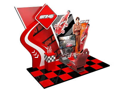Vibrant Interactive Zone Featuring Racing Simulator Red Design Checkered Floor Gaming Chair And Car Graphics 3d model