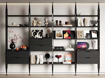 Modern Minimalist Black Shelving Unit With Open Shelves Drawers Books And Decorative Objects 3d model