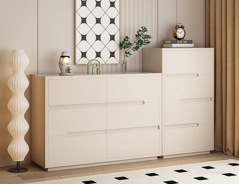 Modern White Dresser Interior With Drawers Decorative Vase Lamp Geometric Wall Art And Rug 3d model 
