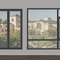 Modern Floor to Ceiling Windows Featuring Black Frames And Outdoor Building Greenery Views 3d model