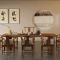 Chinese Style Tea Room Interior With Calligraphy Paintings Round Decorative Painting Wooden Table And Chairs