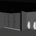 Clean Modern Public Restroom Interior With Gray Grid Wall Stalls And Urinals