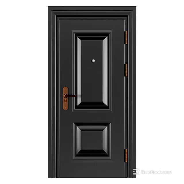 Black Security Door With Square Panels Brass Handle And Hinges 3d model 
