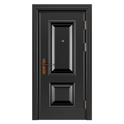 Black Security Door With Square Panels Brass Handle And Hinges 3d model