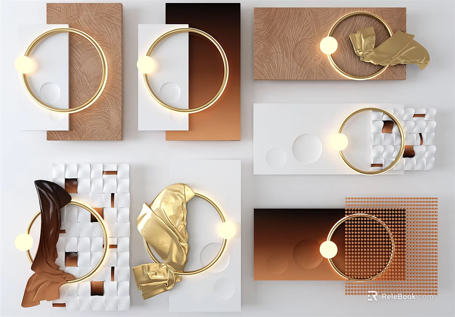 Modern Wall Decor With Golden Circular Rings Leaf Shapes And Wooden White Backgrounds 3d model 