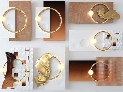Modern Wall Decor With Golden Circular Rings Leaf Shapes And Wooden White Backgrounds 3d model