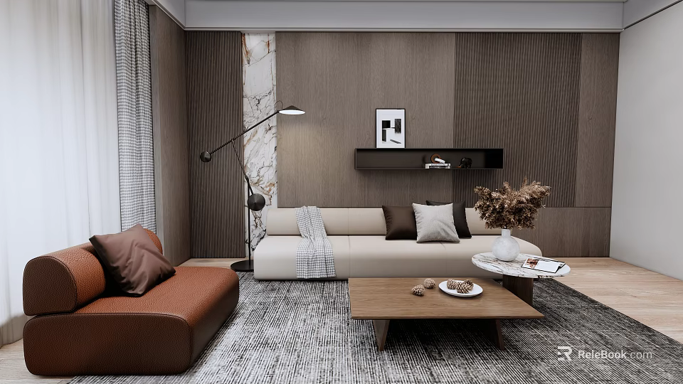 Modern Living Room Interior With Beige Sofa Brown Armchair Floor Lamp And Wooden Coffee Table 3d model 