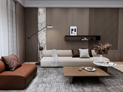 Modern Living Room Interior With Beige Sofa Brown Armchair Floor Lamp And Wooden Coffee Table 3d model
