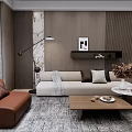 Modern Living Room Interior With Beige Sofa Brown Armchair Floor Lamp And Wooden Coffee Table