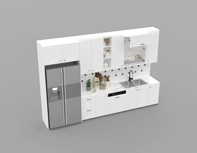 White Modern Kitchen Cabinets With Upper Lower Storage Refrigerator And Sink 3d model