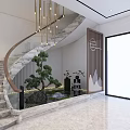 Modern Spiral Staircase With Glass Railing Chandeliers And Pine Tree Landscape On Light Marble Floor