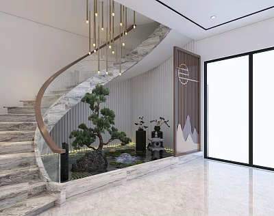 Modern Spiral Staircase With Glass Railing Chandeliers And Pine Tree Landscape On Light Marble Floor 3d model