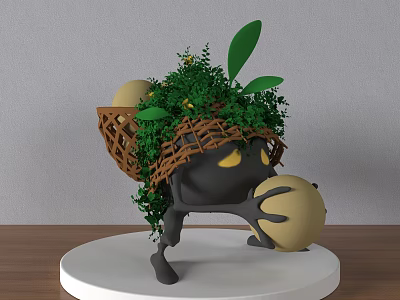 Cute Small Black Creature With Woven Basket Eggs And Green Plants On White Base 3d model