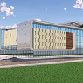 Modern Building With Geometric Facade Silver Beige Exterior Glass Windows Spacious Plaza And Green Lawns