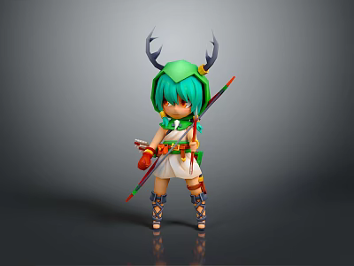 Game and Movie Character with Green Hair Antler Headdress Bow and Arrow Green White Outfit 3d model