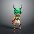 Game and Movie Character with Green Hair Antler Headdress Bow and Arrow Green White Outfit