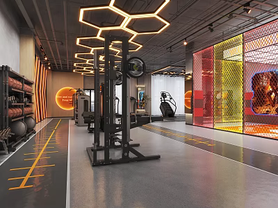 Modern Gym With Fitness Equipment And Hexagonal Lights 3d model