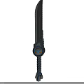 Ornate Twin Knives Featuring Black Twisted Handles Circular Blue Orange Emblems And Silver Textured Blades