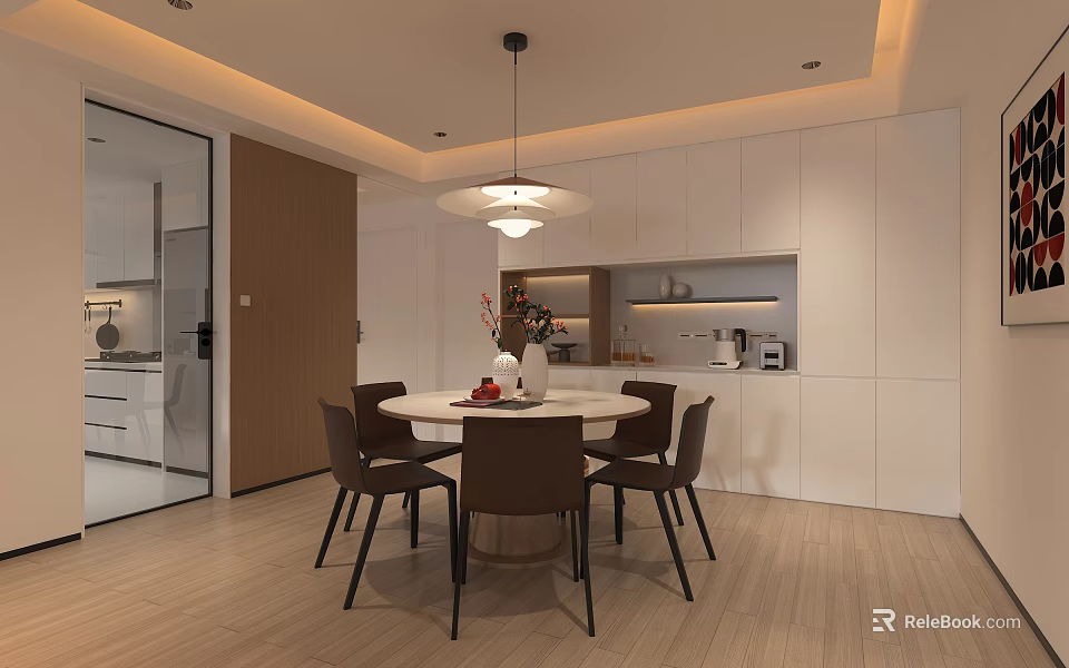 Modern Restaurant Interior With Open Kitchen Round Table Pendant Light And White Cabinets 3d model 