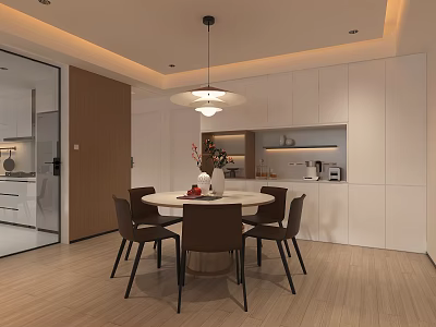 Modern Restaurant Interior With Open Kitchen Round Table Pendant Light And White Cabinets 3d model