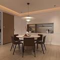 Modern Restaurant Interior With Open Kitchen Round Table Pendant Light And White Cabinets