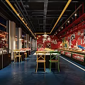 Vibrant Restaurant Interior With Red Walls Murals Yellow Pendant Lights And Colorful Chairs
