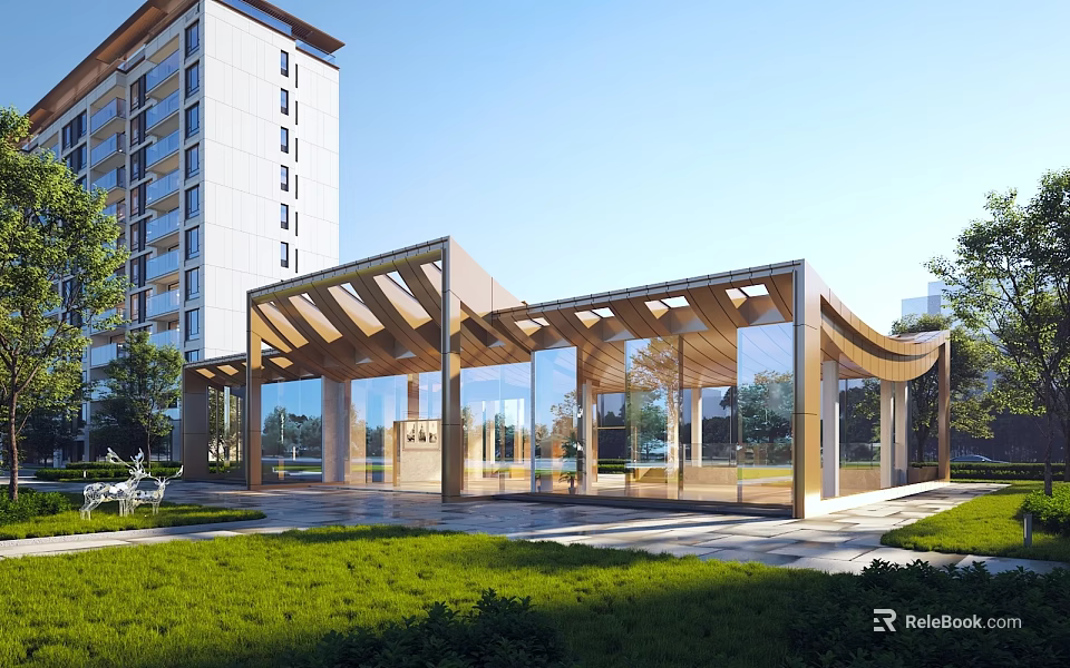 Modern Residential Building With Wooden Glass Structure And Lush Green Lawn 3d model 