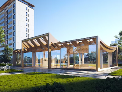 Modern Residential Building With Wooden Glass Structure And Lush Green Lawn 3d model