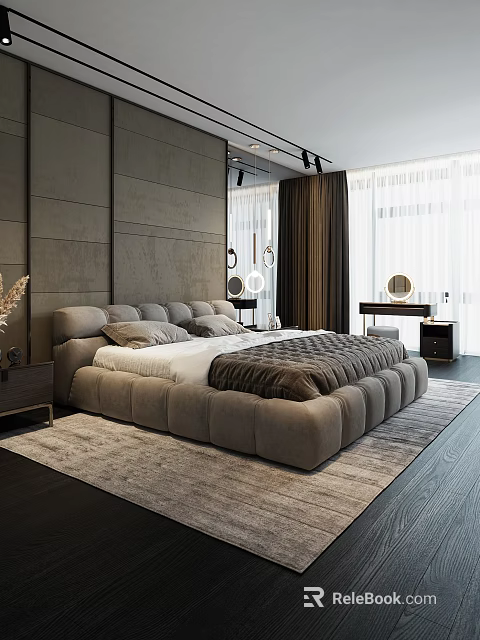 Modern Elegant Bedroom Interior With Gray Bed Soft Rug Floor-to-Ceiling Windows Nightstand And Dressing Table 3d model 