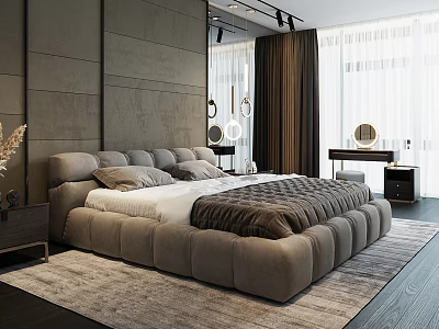 Modern Elegant Bedroom Interior With Gray Bed Soft Rug Floor-to-Ceiling Windows Nightstand And Dressing Table 3d model