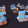 Various Small Traditional Building Models With Blue Roofs Wooden Structures And Windmills