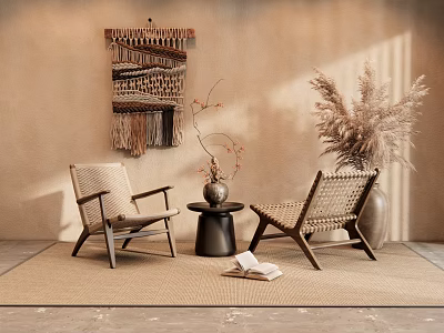 Woven Chair And Wooden Table Set With Wall Hanging Pampas Grass And Jute Rug 3d model
