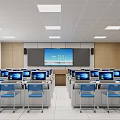 Modern Computer Classroom With Multiple Computers Blue Chairs And White Desks 3d model