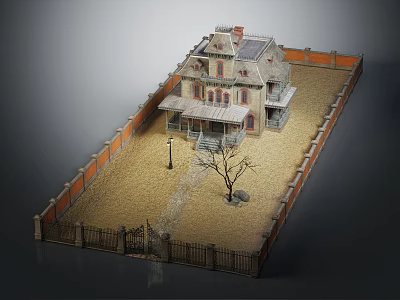Old Style Detached Villa with Fenced Yard Lamp Post and Single Tree 3d model
