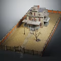 Old Style Detached Villa with Fenced Yard Lamp Post and Single Tree 3d model