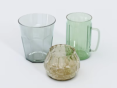 Clear Green And Amber Glass Wine Bottles With Textured Handle Drinking Glasses On White 3d model