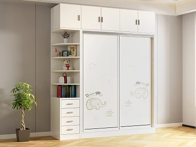 White Wardrobe With Sliding Doors Elephant Patterns Bookshelf Drawers Potted Plant And Wooden Floor 3d model