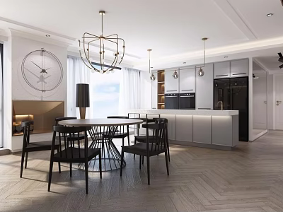 Modern Restaurant Interior With Round Dining Table Black Chairs Chandelier White Cabinets And Open Kitchen 3d model