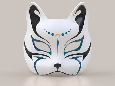 Elegant White Fox Mask Decorative Ornament With Black Blue Patterns And Gold Accents 3d model