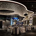 MOII Bar Interior With Black Brick Walls White Sculptures And Wavy Ceiling