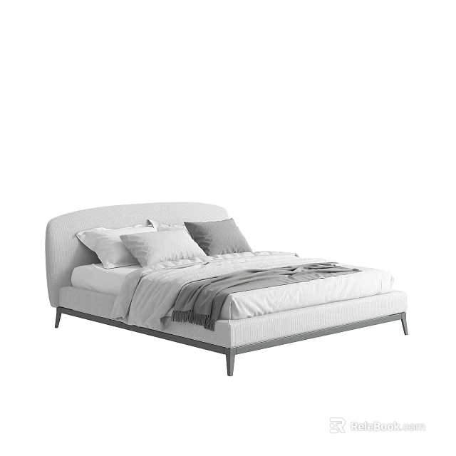 Modern Minimalist Double Bed With Curved Headboard White Frame And Gray Blanket 3d model