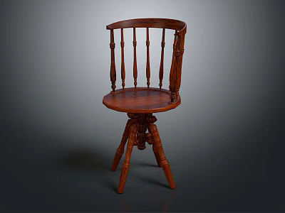 Vintage Dark Brown Wooden Leisure Chair With Spindle Back And Tripod Legs 3d model