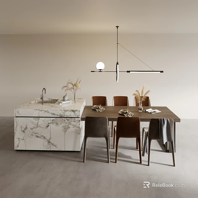 Modern Dining Table Set With Wooden Table Matching Chairs Marble Island And Pendant Lights 3d model 