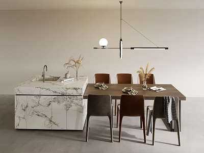 Modern Dining Table Set With Wooden Table Matching Chairs Marble Island And Pendant Lights 3d model