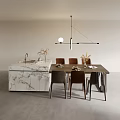 Modern Dining Table Set With Wooden Table Matching Chairs Marble Island And Pendant Lights