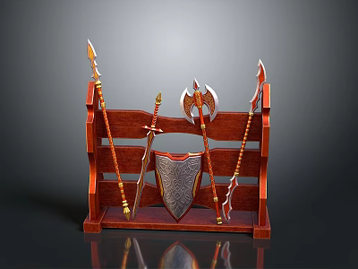 Ancient Weapons Arranged on Wooden Rack with Spear Sword Axe and Shield 3d model