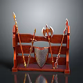 Ancient Weapons Arranged on Wooden Rack with Spear Sword Axe and Shield