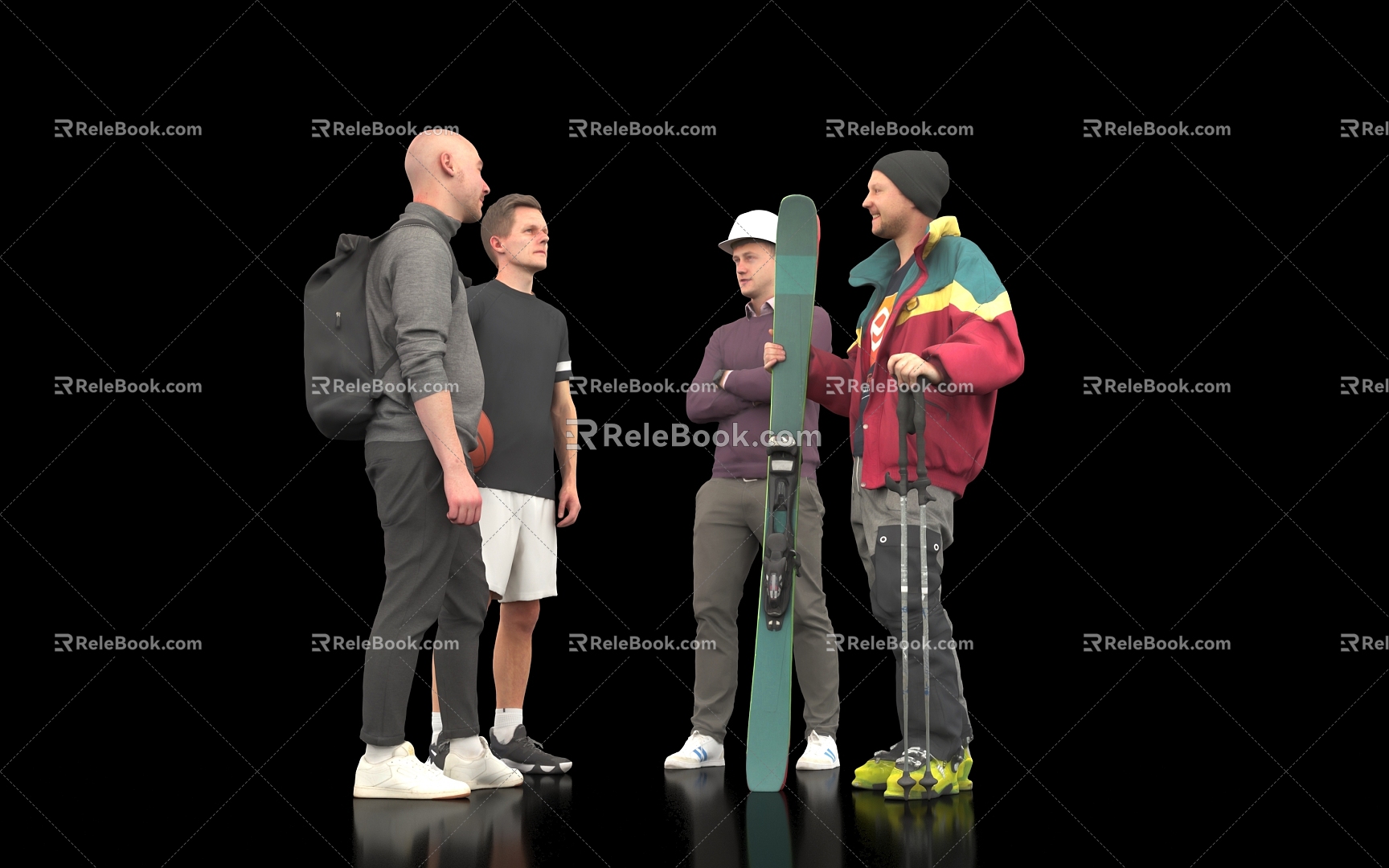 Dialogue Scene Men Male Tourists Backpack Skiing Sports Site Workers Atmosphere Handsome Model 3d model