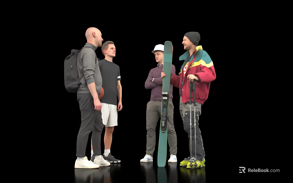 Group of Men Standing Together With Ski Ski Poles Backpacks and Sportswear 3d model 