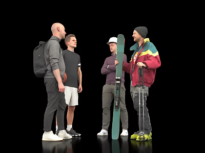 Group of Men Standing Together With Ski Ski Poles Backpacks and Sportswear 3d model